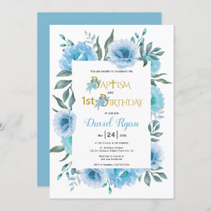 Invitation Fleurs d'aquarelle garçon baptême et 1er anniversa