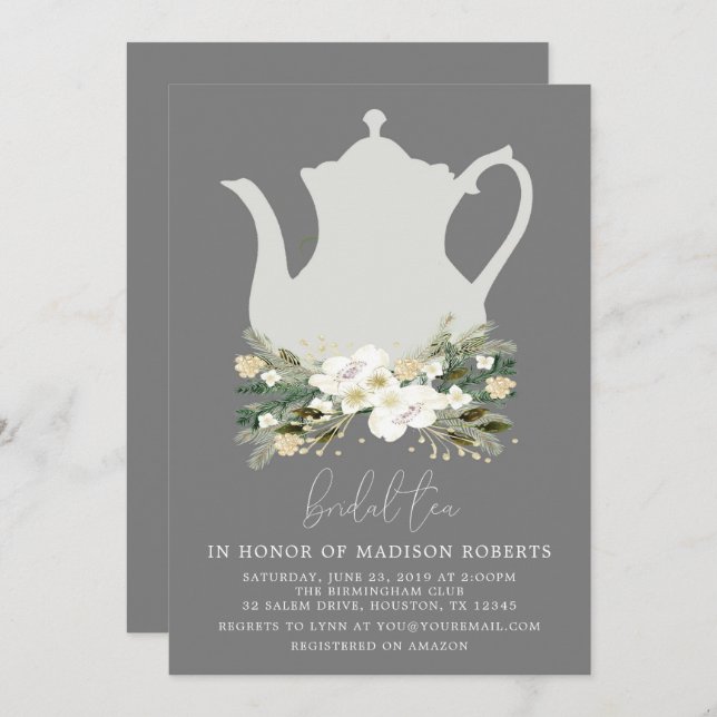 Invitation Fleurs d'aquarelle gris thé nuptiale (Devant / Derrière)