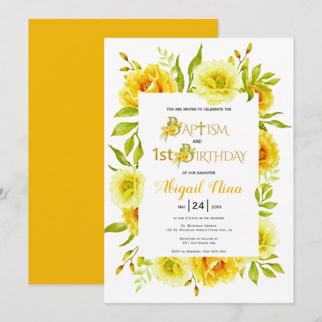 Invitation Fleurs d'aquarelle jaune baptême et 1er anniversai (Devant / Derrière)