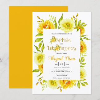Invitation Fleurs d'aquarelle jaune baptême et 1er anniversai