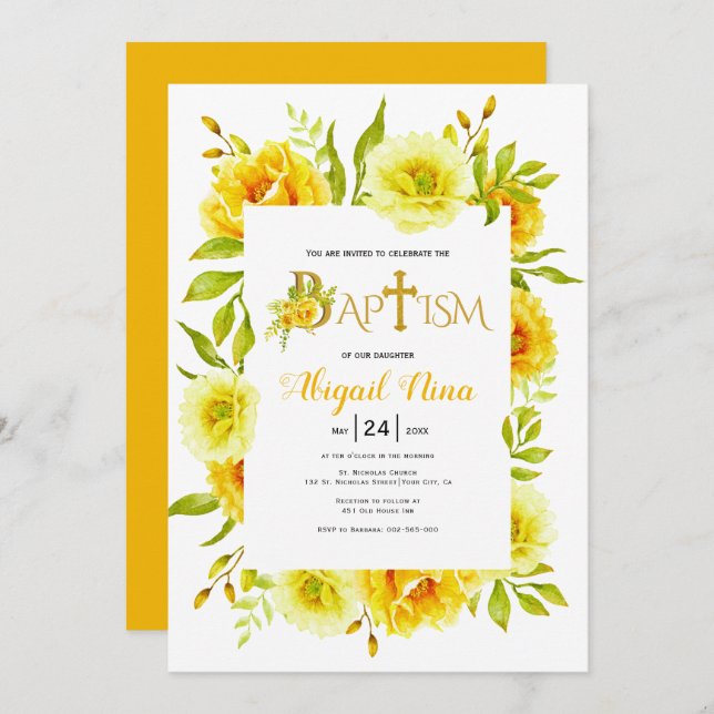 Invitation Fleurs d'aquarelle jaune Baptême floral neutre (Devant / Derrière)