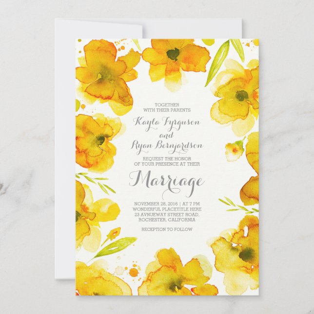 Invitation fleurs d'aquarelle jaune élégant mariage (Devant)
