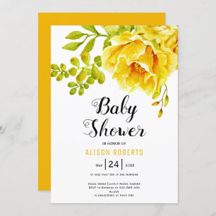 Invitation Fleurs d'aquarelle jaune et baby shower feuille
