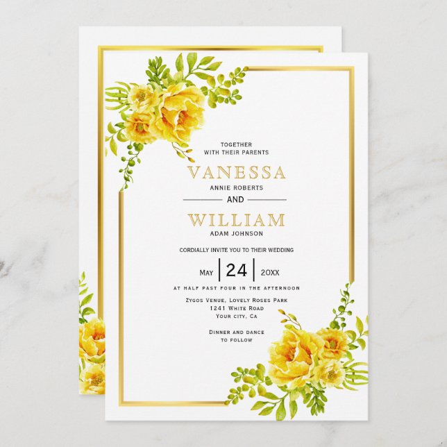 Invitation Fleurs d'aquarelle jaune mariage demande (Devant / Derrière)