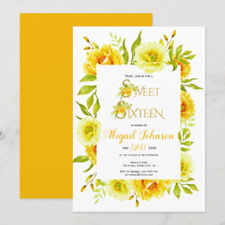 Invitation Fleurs d'aquarelle jaune sweet sixteen anniversair