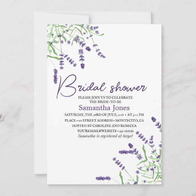Invitation Fleurs d'aquarelle Lavender Fête des mariées viole (Devant)