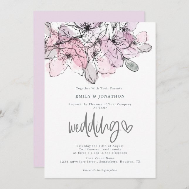 Invitation Fleurs d'aquarelle Lilac Mariage de script rose (Devant / Derrière)