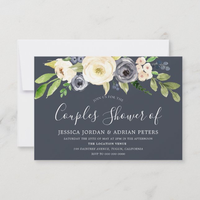 Invitation Fleurs d'aquarelle marine et blanche Couples douch (Devant)