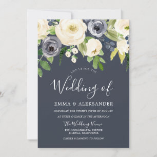 Invitation Fleurs d'aquarelle marine et blanche Mariage moder