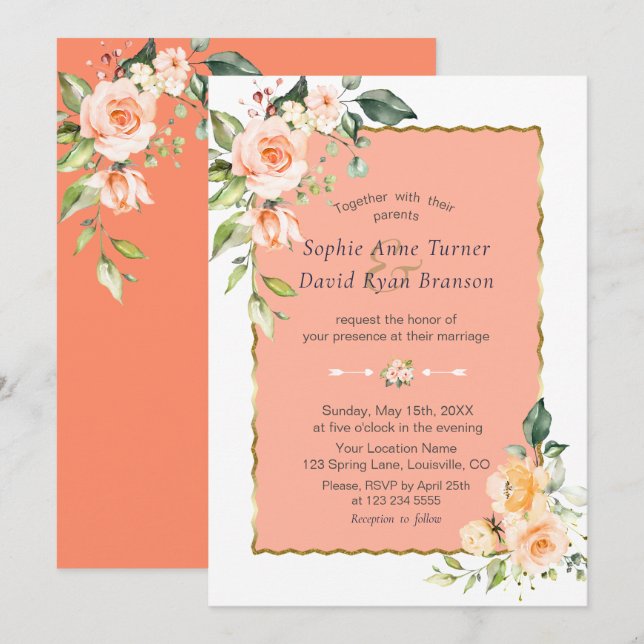 Invitation Fleurs d'aquarelle moderne Vivre Coral Mariage (Devant / Derrière)