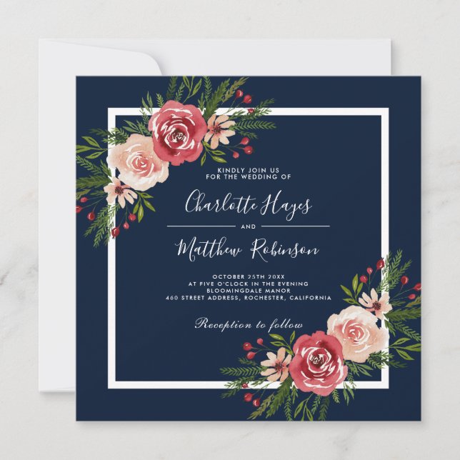 Invitation Fleurs d'aquarelle modernes Mariage d'hiver bleu (Devant)