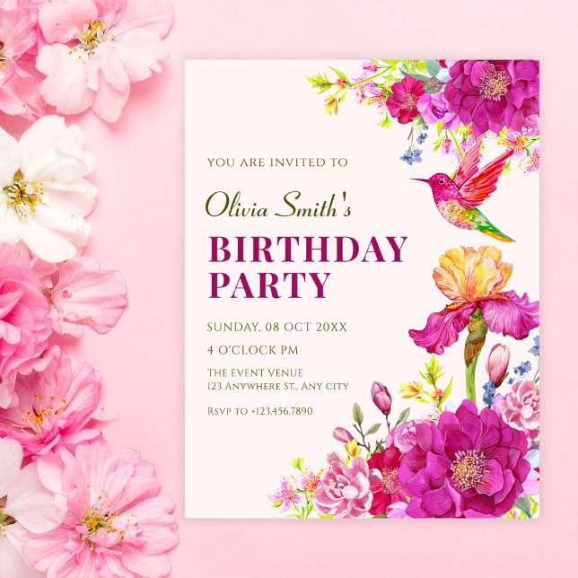 Invitation Fleurs d'aquarelle oiseau anniversaire (Créateur téléchargé)
