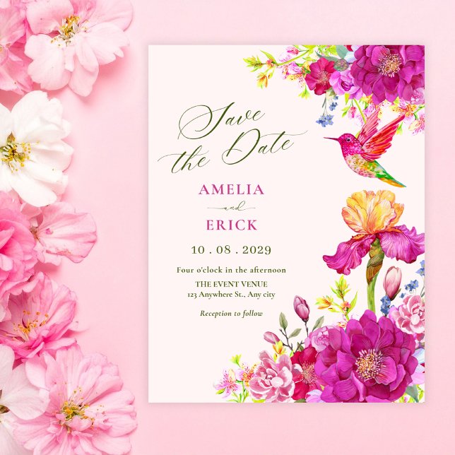 Invitation Fleurs d'aquarelle oiseau mariage (Créateur téléchargé)