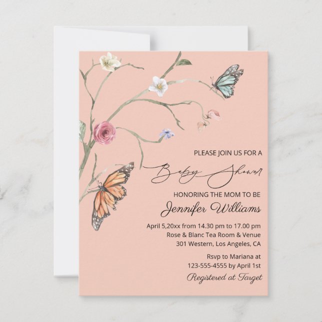Invitation fleurs d'aquarelle papillons baby shower rose (Devant)