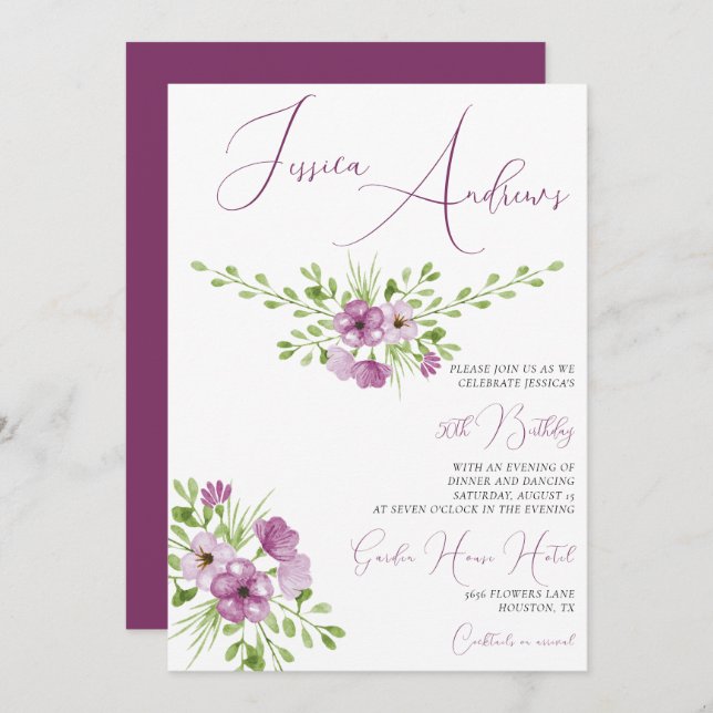 Invitation Fleurs d'aquarelle romantique 50e anniversaire (Devant / Derrière)