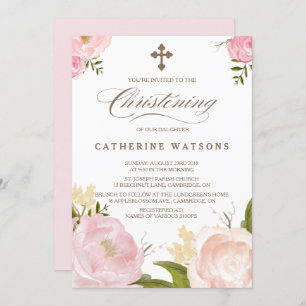 Invitation Fleurs d'aquarelle romantique et baptême croisé