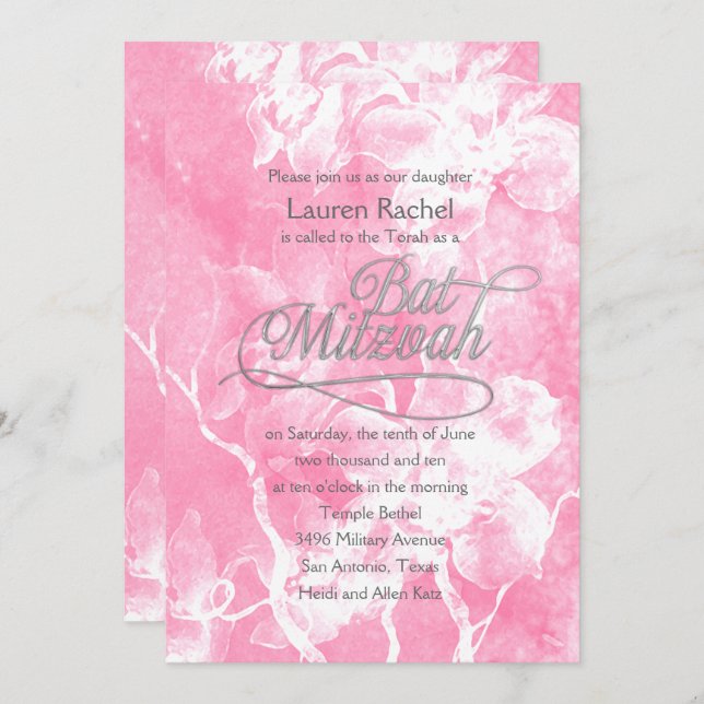 Invitation Fleurs d'aquarelle rose bat mitzvah (Devant / Derrière)