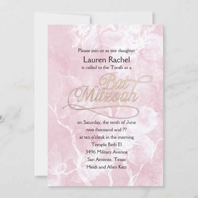 Invitation Fleurs d'aquarelle rose bat mitzvah (Devant)