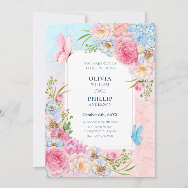 Invitation Fleurs d'aquarelle rose bleu mariage (Devant)