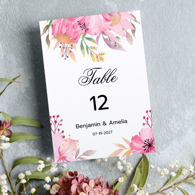 Invitation Fleurs d'aquarelle rose botanique Nombre de tablea (Botanic pink watercolor flowers Table Numbers)
