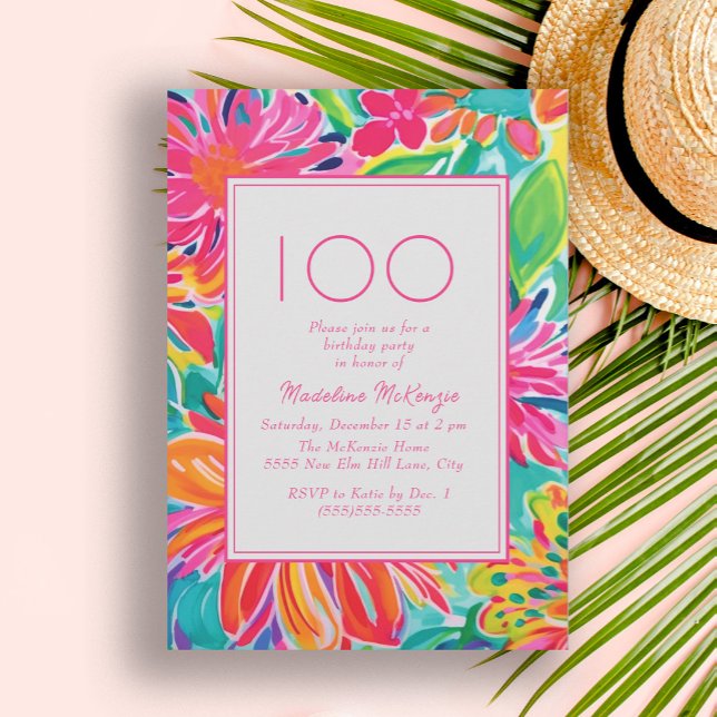 Invitation Fleurs d'aquarelle rose chaud 100e anniversaire (Hot pink and orange tropical leaves 100th birthday party invitation)
