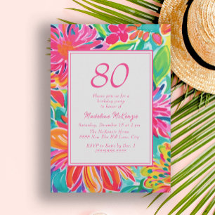 Invitation Fleurs d'aquarelle rose chaud 80e anniversaire