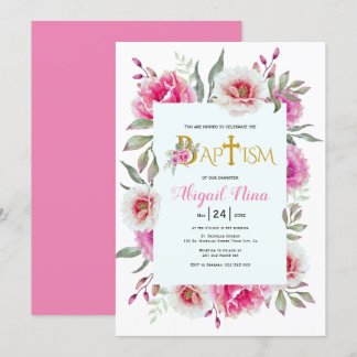 Invitation Fleurs d'aquarelle rose chaud fille baptême floral