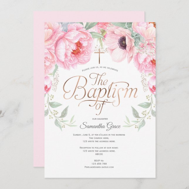 Invitation Fleurs d'aquarelle rose, Élégant, Baptême de fille (Devant / Derrière)