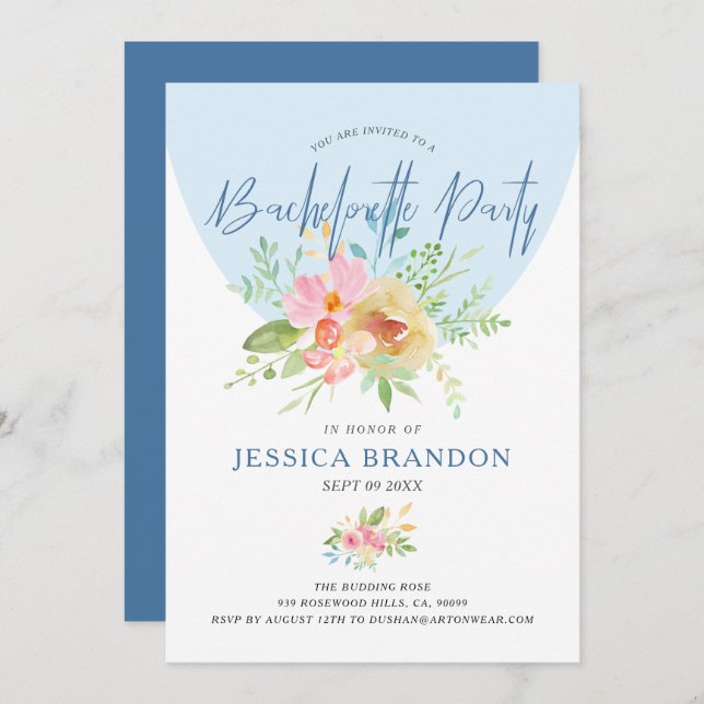 Invitation Fleurs d'aquarelle rose et jaune typogra moderne (Devant / Derrière)