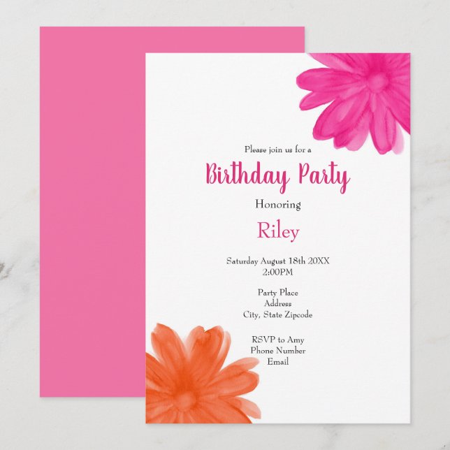 Invitation Fleurs d'aquarelle rose et orange chaud (Devant / Derrière)