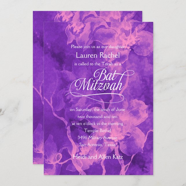 Invitation Fleurs d'aquarelle rose et violet bat mitzvah (Devant / Derrière)