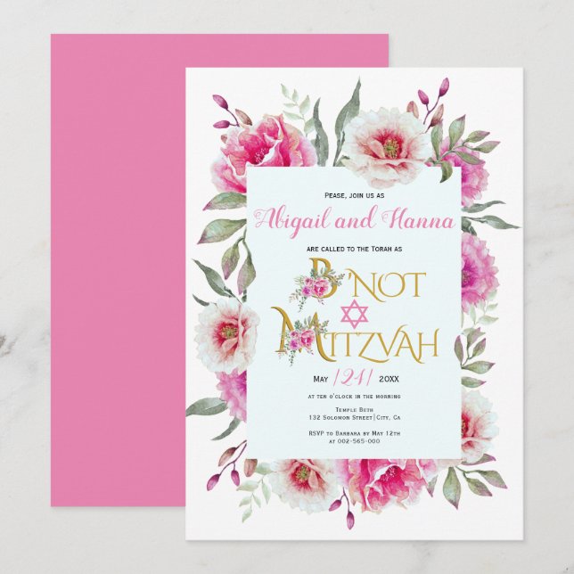 Invitation Fleurs d'aquarelle rose florale B'Not Mitzvah (Devant / Derrière)
