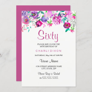 Invitation Fleurs d'aquarelle rose mauve 60e anniversaire