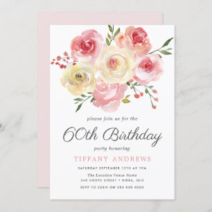 Invitation Fleurs d'aquarelle rose pâle 60e anniversaire Invi