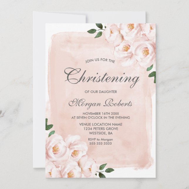 Invitation Fleurs d'aquarelle rose pâle Christening Baptême (Devant)