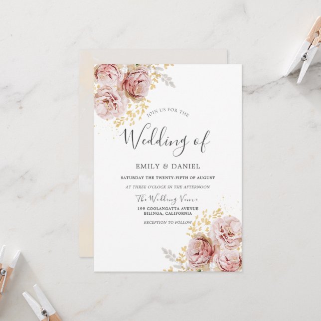 Invitation Fleurs d'aquarelle rose pâle Joli Mariage (Devant/Arrière en situation)