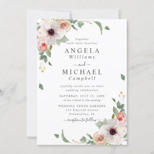 Invitation Fleurs d'aquarelle rose pâle Mariage botanique