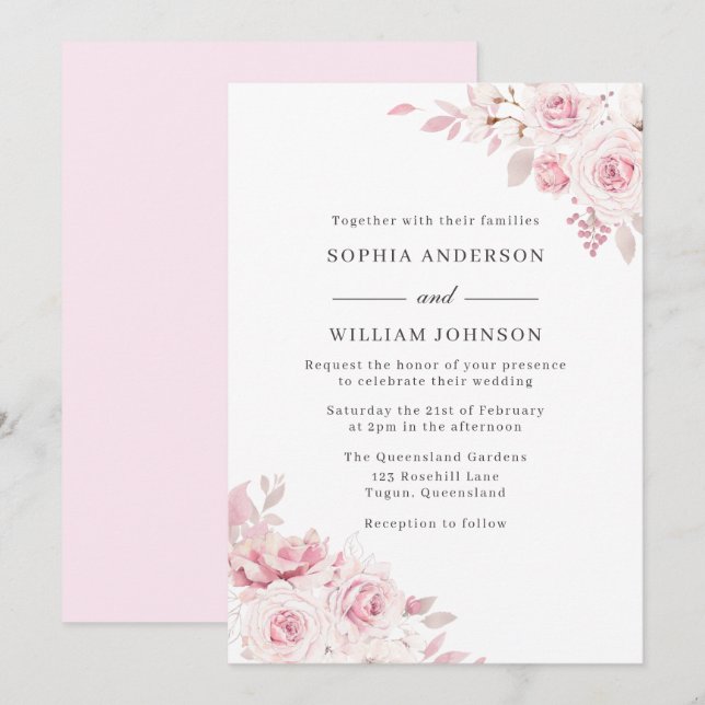 Invitation Fleurs d'aquarelle rose pâle Toutes les saisons Ma (Devant / Derrière)