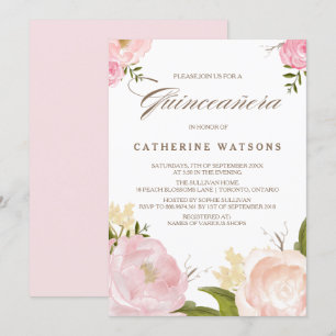 Invitation Fleurs d'aquarelle rose romantique Quinceañera