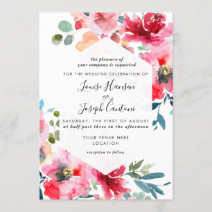 Invitation Fleurs d'aquarelle Roses de jardin, Mariage rouge