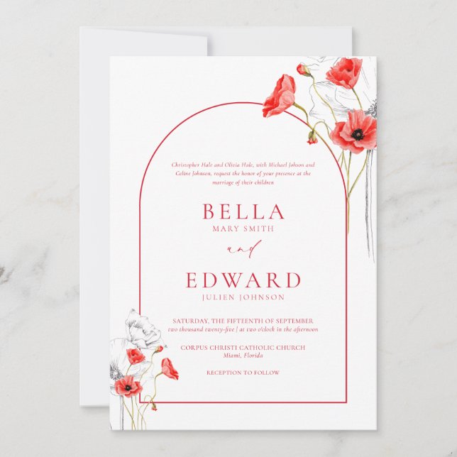 Invitation Fleurs d'aquarelle rouge du pavot moderne Mariage  (Devant)