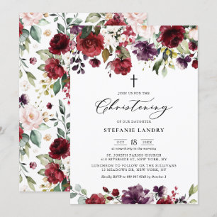 Invitation Fleurs d'aquarelle rouge et violet Christening