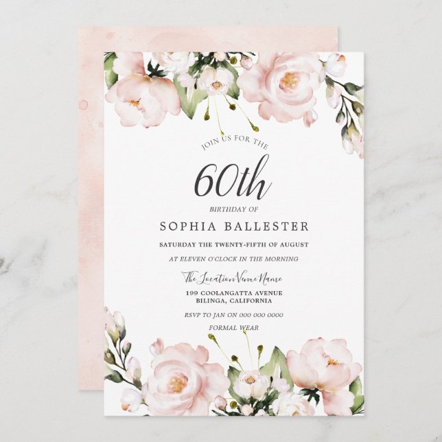 Invitation Fleurs d'aquarelle rousse 60e fête d'anniversaire (Devant / Derrière)