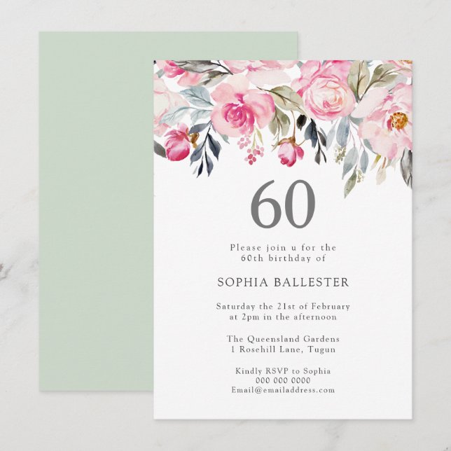 Invitation Fleurs d'aquarelle rousse élégant 60e anniversaire (Devant / Derrière)