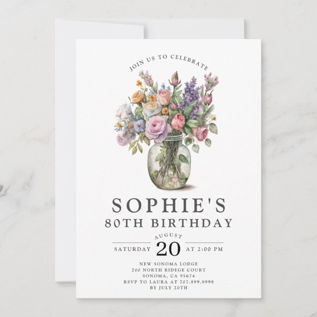 Invitation Fleurs d'aquarelle rustique 80e anniversaire (Devant)
