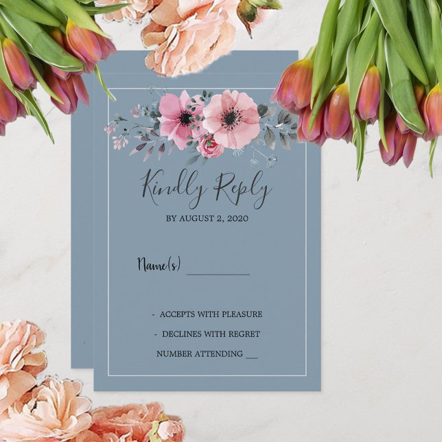 Invitation Fleurs d'aquarelle rustique bleu poussiéreux Maria (Rustic watercolor flowers dusty blue Wedding RSVP Invitation. You can add your own text.)