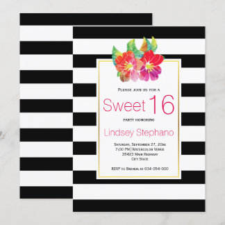 Invitation Fleurs d'aquarelle, sweet sixteen rayé