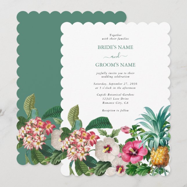 Invitation Fleurs d'aquarelle tropicale et Mariage de verdure (Devant / Derrière)