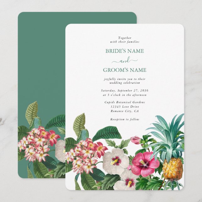 Invitation Fleurs d'aquarelle tropicale et Mariage de verdure (Devant / Derrière)