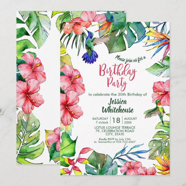 Invitation Fleurs d'aquarelle tropicale hawaïenne Anniversair (Devant / Derrière)